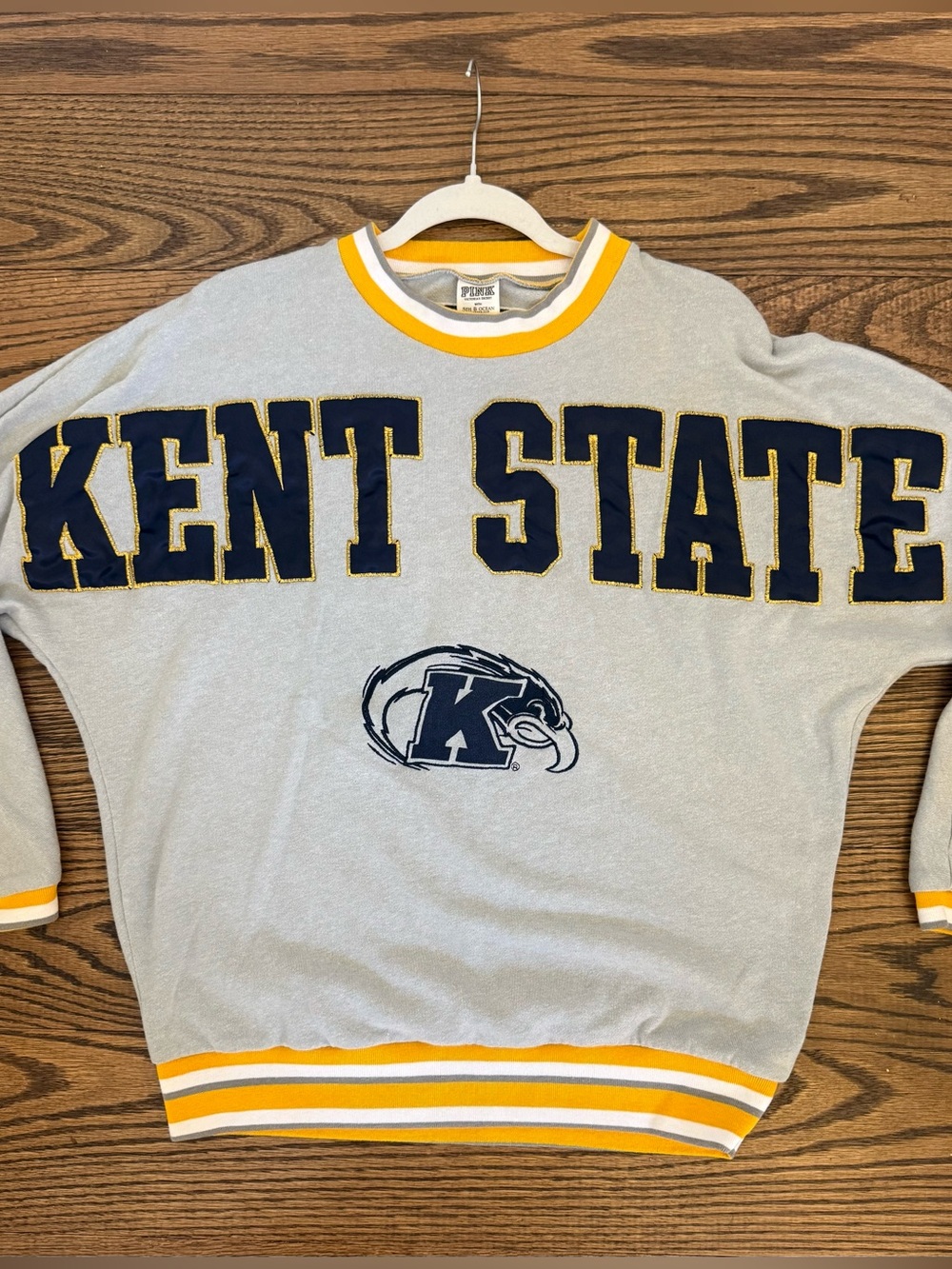 PINK Victoria's Secret Gray Kent State Crewneck with Navy & Gold Lettering